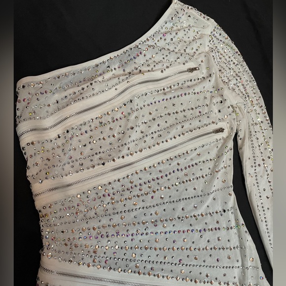 Crystal rhinestone, zipper and mesh one-shoulder dress - Picture 2 of 4